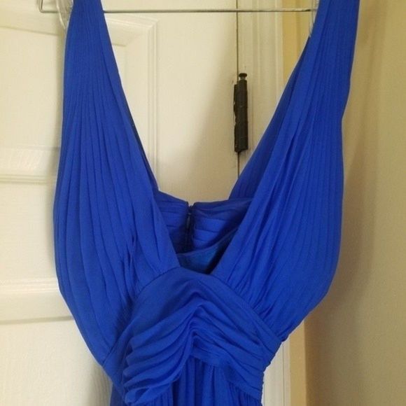 Aidan Mattox Deep Sky Blue Pleated Silk Chiffon Halter-Neck Gown Colbalt - Picture 15 of 15